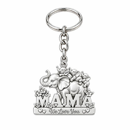 Elephant Matriarch and Calves Charm Keychain – silver, front view