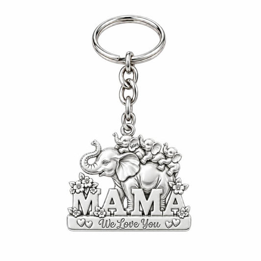 Elephant Matriarch and Calves Charm Keychain – silver, front view