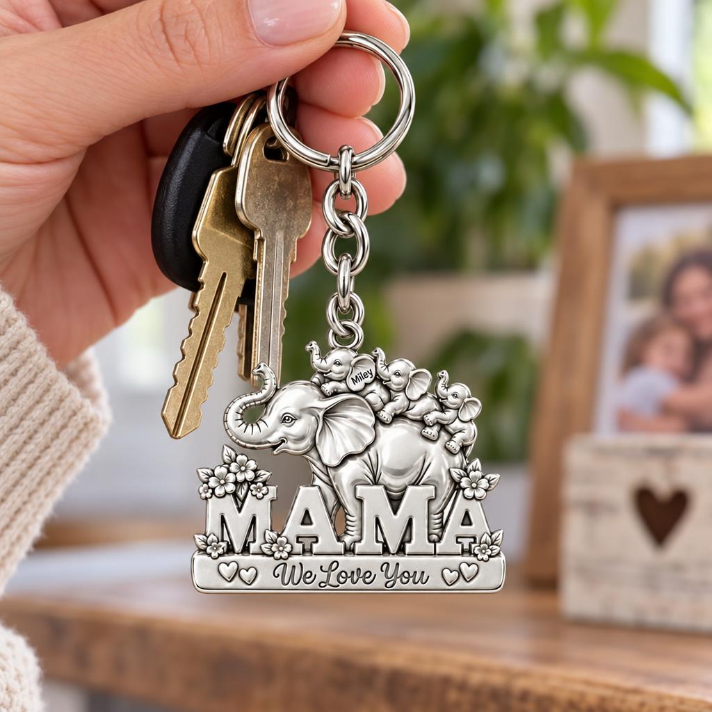 Elephant Matriarch and Calves Charm Keychain – worn / in use