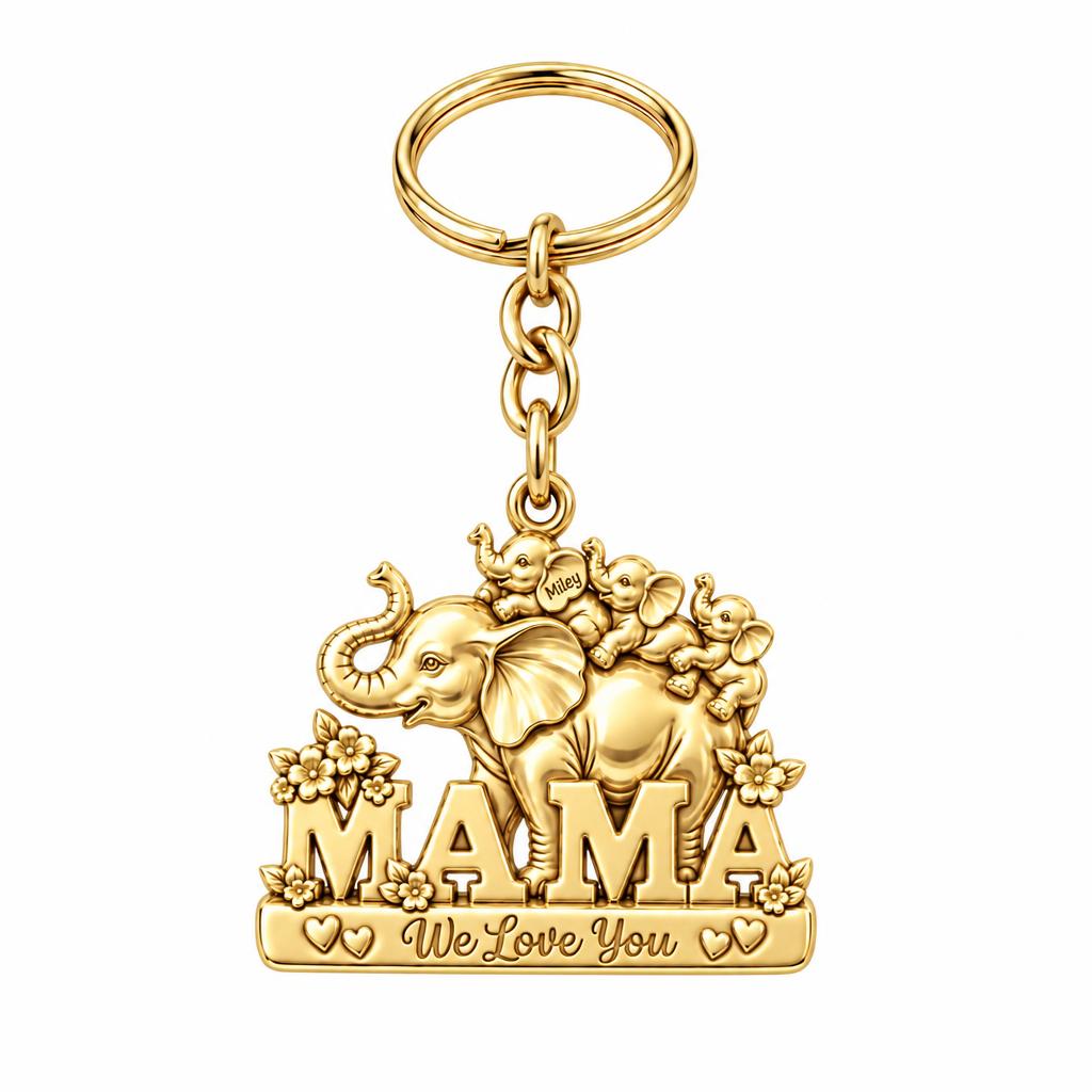 Elephant Matriarch and Calves Charm Keychain – 18K gold, front view