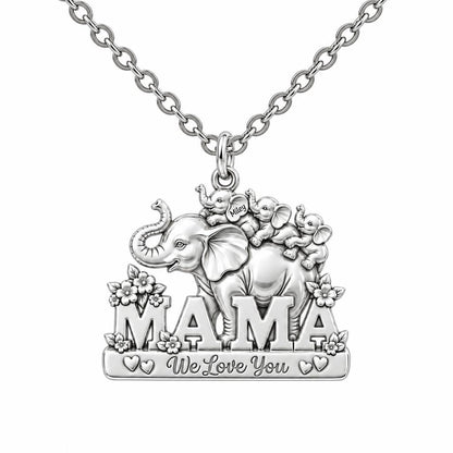 Elephant Matriarch and Calves Charm Necklace Set – silver, front view
