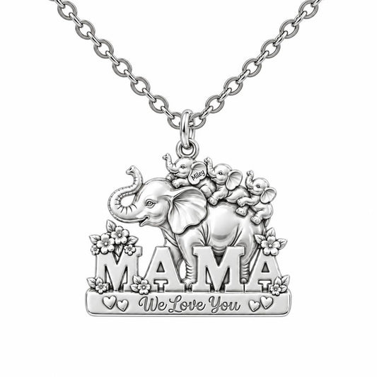Elephant Matriarch and Calves Charm Necklace Set – silver, front view