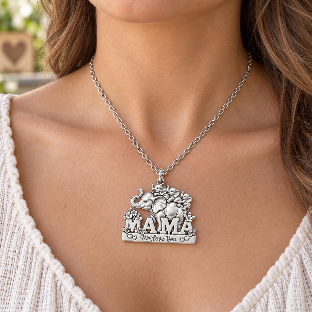 Elephant Matriarch and Calves Charm Necklace Set – worn / in use