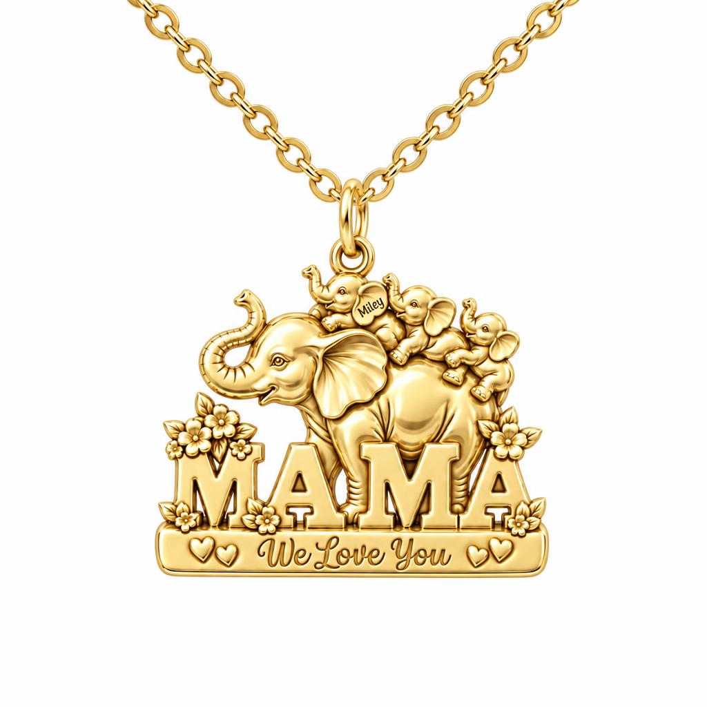 Elephant Matriarch and Calves Charm Necklace Set – 18K gold, front view