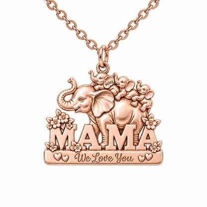 Elephant Matriarch and Calves Charm Necklace Set – rose gold, front view