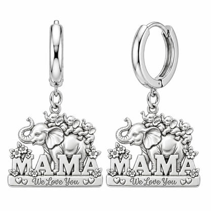Elephant Matriarch and Calves Huggie Charm Earrings – silver, front view