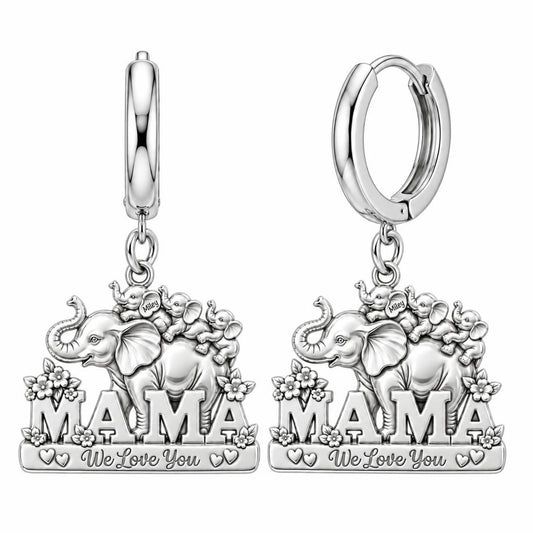 Elephant Matriarch and Calves Huggie Charm Earrings – silver, front view