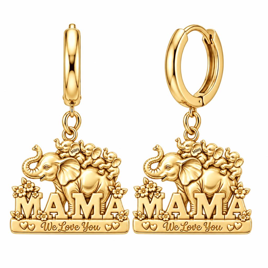 Elephant Matriarch and Calves Huggie Charm Earrings – 18K gold, front view