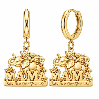 Elephant Matriarch and Calves Huggie Charm Earrings – 18K gold, front view