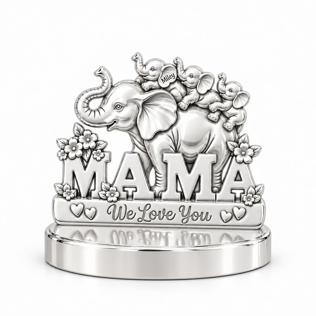 Elephant Matriarch and Calves Keepsake Plaque – silver, front view