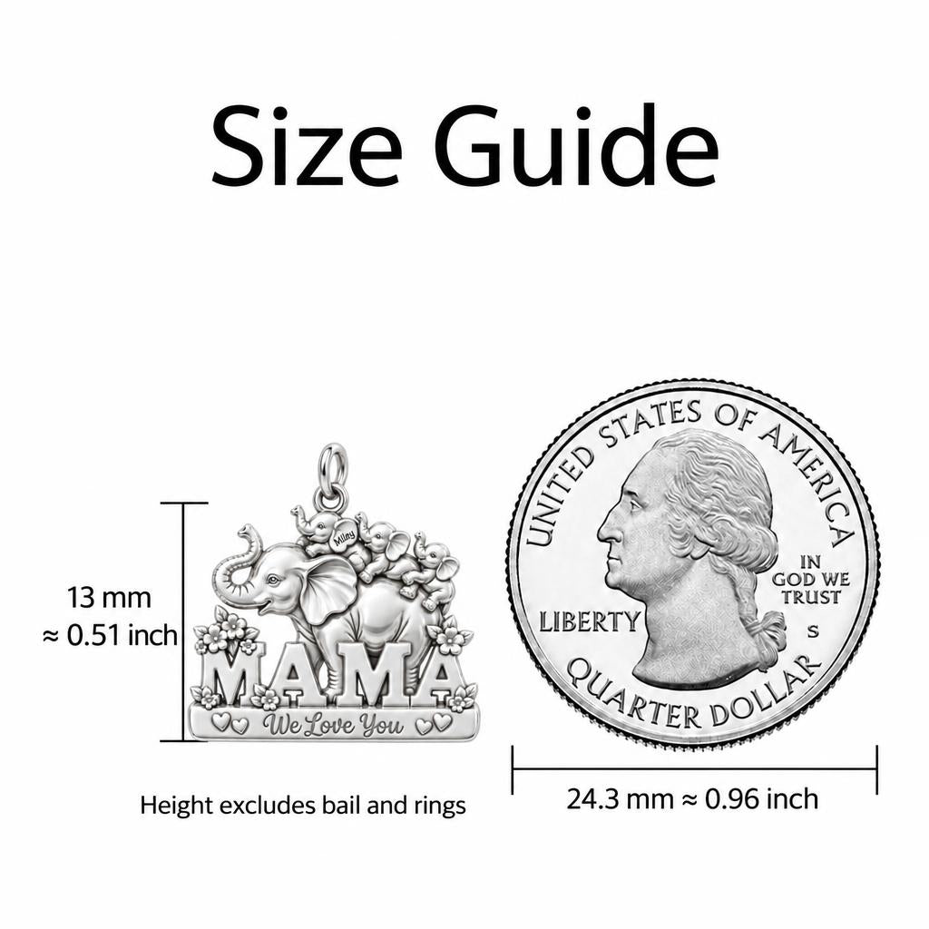 Elephant Matriarch and Calves Keepsake Plaque – size guide, 13 mm charm next to a quarter