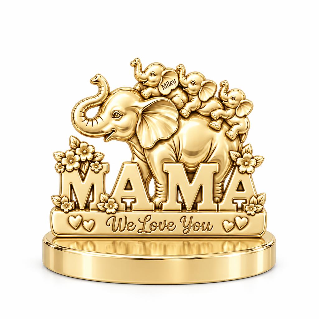 Elephant Matriarch and Calves Keepsake Plaque – 18K gold, front view