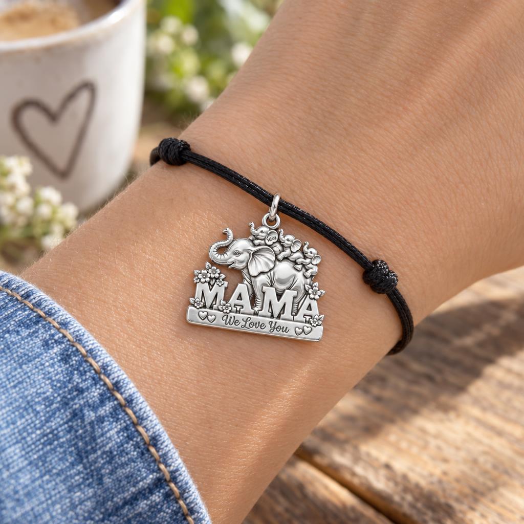 Elephant Matriarch Charm Bracelet – Personalized Mom Gift – worn on the wrist on a black cord bracelet