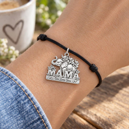 Elephant Matriarch Charm Bracelet – Personalized Mom Gift – worn on the wrist on a black cord bracelet