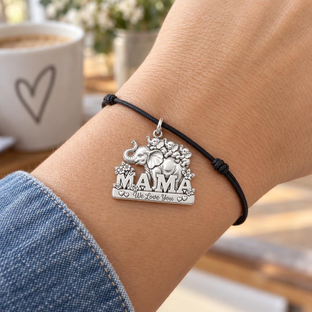 Elephant Matriarch Charm Bracelet – Personalized Mom Gift – worn on the wrist on a black cord bracelet