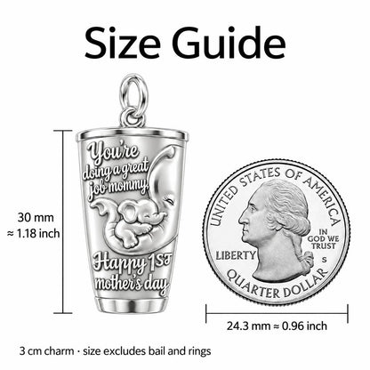 Elephant Mommy Tumbler Charm Bracelet – Personalized Mom Gift – size guide, 3 cm charm next to a quarter