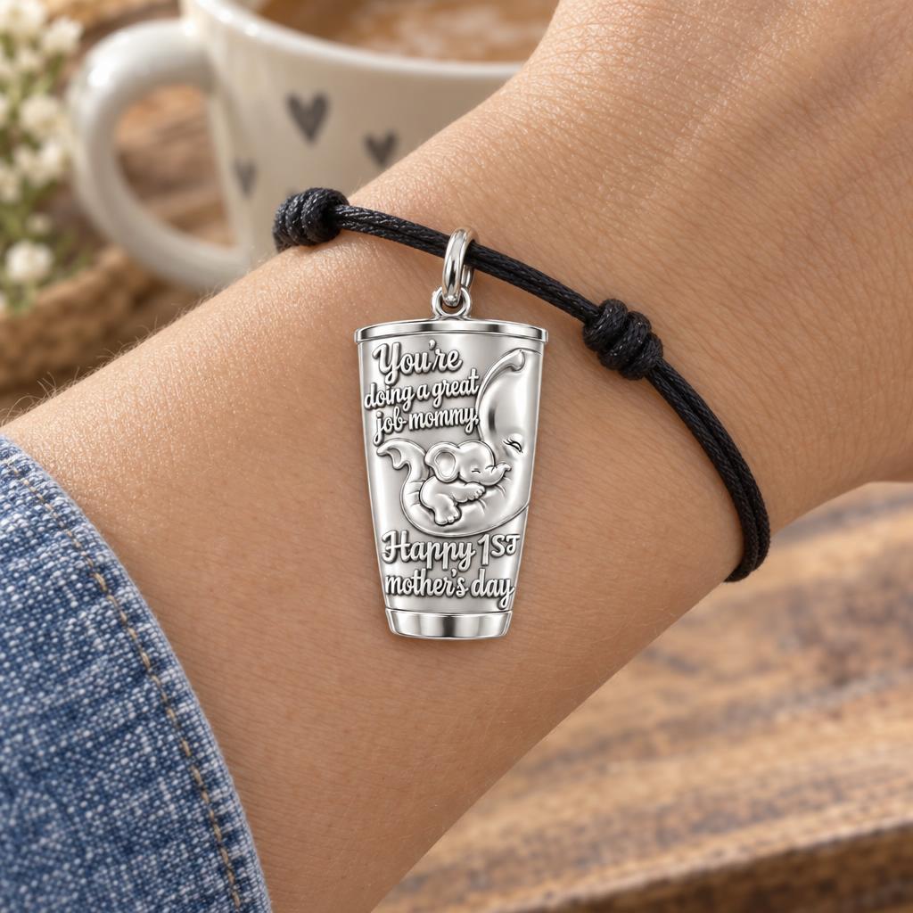 Elephant Mommy Tumbler Charm Bracelet – Personalized Mom Gift – worn on the wrist on a black cord bracelet