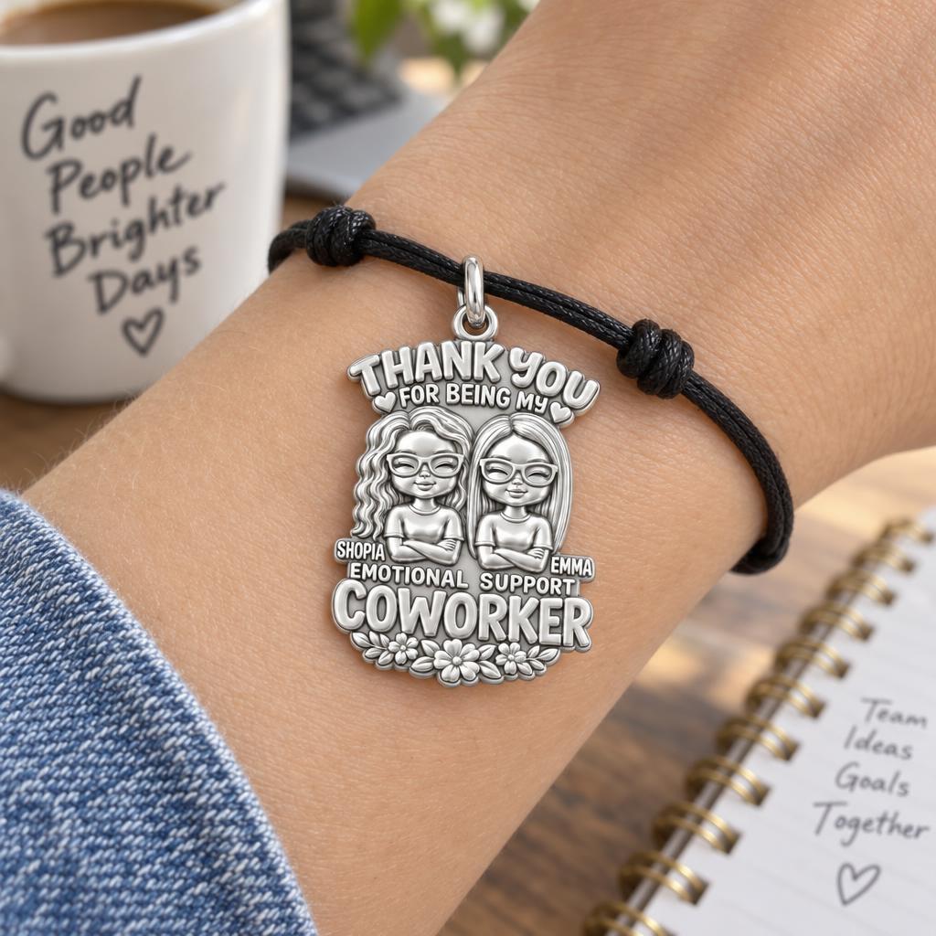 Emotional Support Coworker Charm Bracelet – Personalized Friend Gift – worn on the wrist on a black cord bracelet