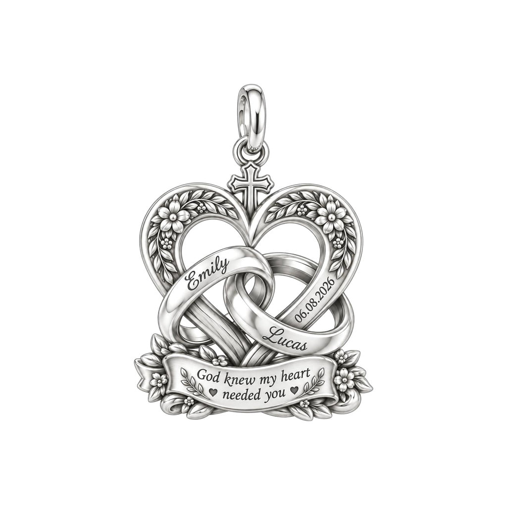 Entwined Hearts and Cross Charm Bracelet – Personalized Couple Gift – silver plated 3 cm charm, front view
