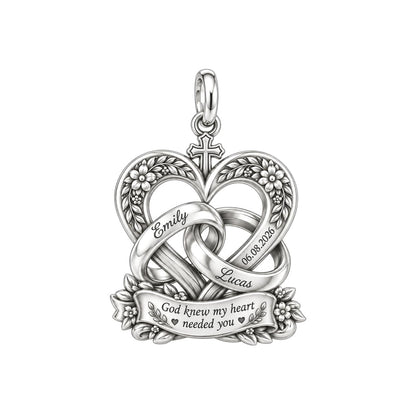 Entwined Hearts and Cross Charm Bracelet – Personalized Couple Gift – silver plated 3 cm charm, front view