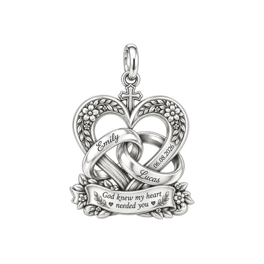 Entwined Hearts and Cross Charm Bracelet – Personalized Couple Gift – silver plated 3 cm charm, front view