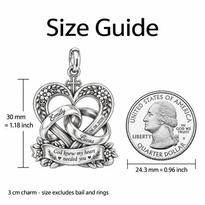 Entwined Hearts and Cross Charm Bracelet – Personalized Couple Gift – size guide, 3 cm charm next to a quarter