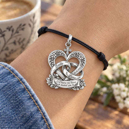 Entwined Hearts and Cross Charm Bracelet – Personalized Couple Gift – worn on the wrist on a black cord bracelet