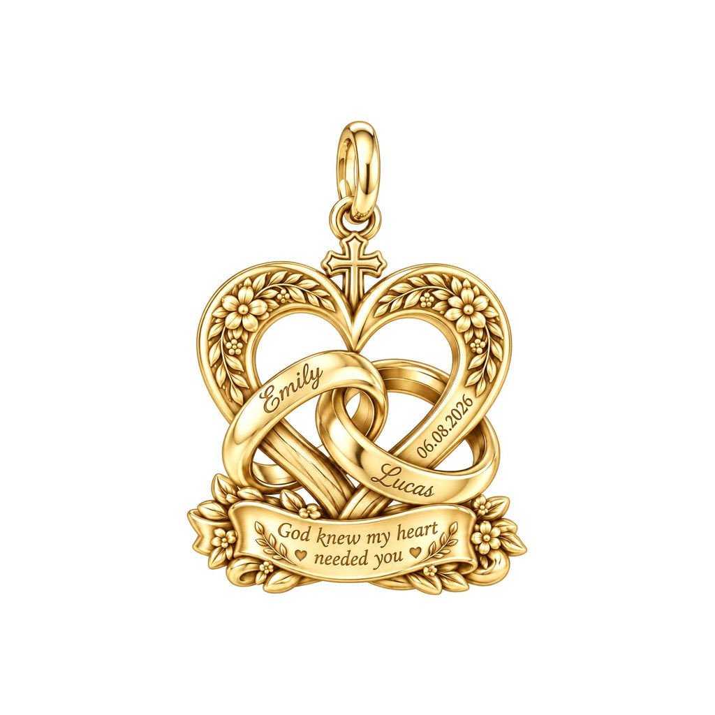 Entwined Hearts and Cross Charm Bracelet – Personalized Couple Gift – 18K gold plated 3 cm charm, front view