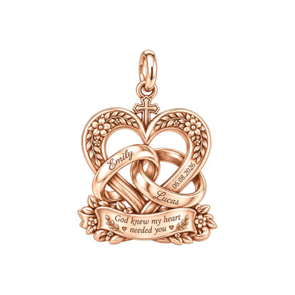 Entwined Hearts and Cross Charm Bracelet – Personalized Couple Gift – rose gold 3 cm charm, front view