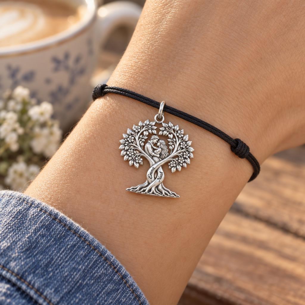 Entwined Roots of Love Charm Bracelet – Personalized Couple Gift – worn on the wrist on a black cord bracelet