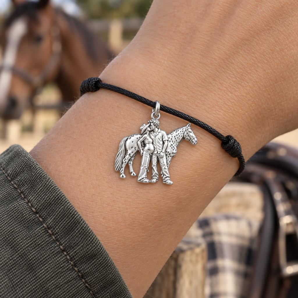 Equestrian Family Charm Bracelet – Personalized Couple Gift – worn on the wrist on a black cord bracelet