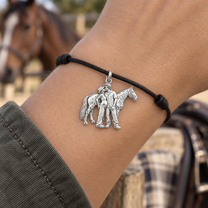 Equestrian Family Charm Bracelet – Personalized Couple Gift – worn on the wrist on a black cord bracelet