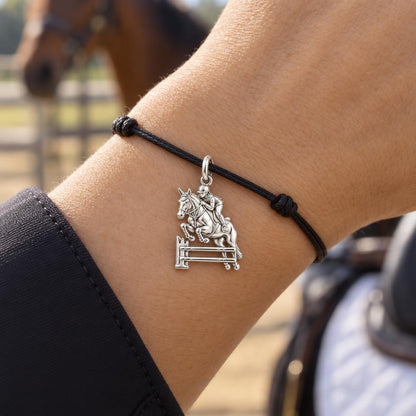 Equestrian Leap Charm Bracelet – Personalized Horse Lover Gift – worn on the wrist on a black cord bracelet