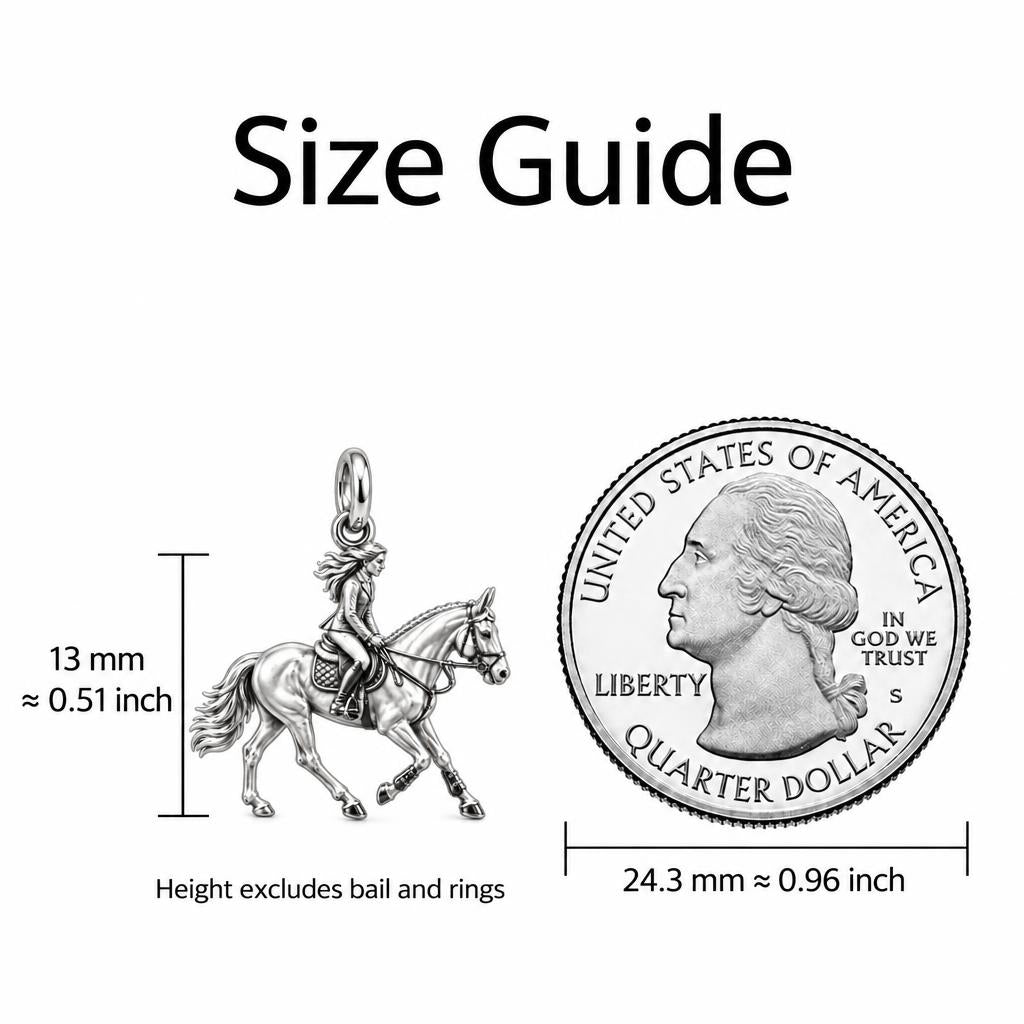 Equestrian Spirit Keepsake Plaque – size guide, 13 mm charm next to a quarter