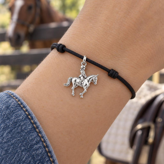 Equestrian Spirit Rider Charm Bracelet – Personalized Horse Mom Gift – worn on the wrist on a black cord bracelet
