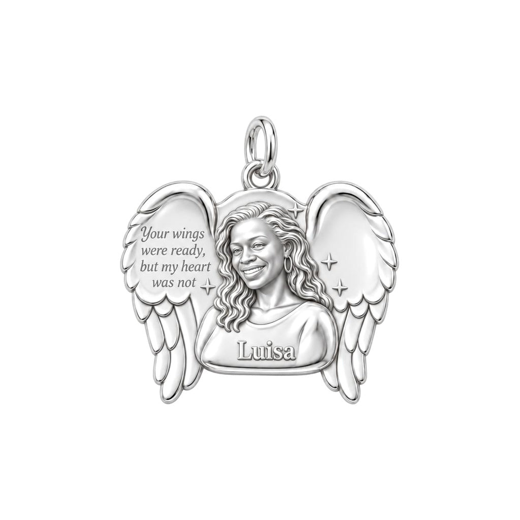 Eternal Angel Wings Charm Bracelet – Personalized Memorial Gift – silver plated 2 cm charm, front view