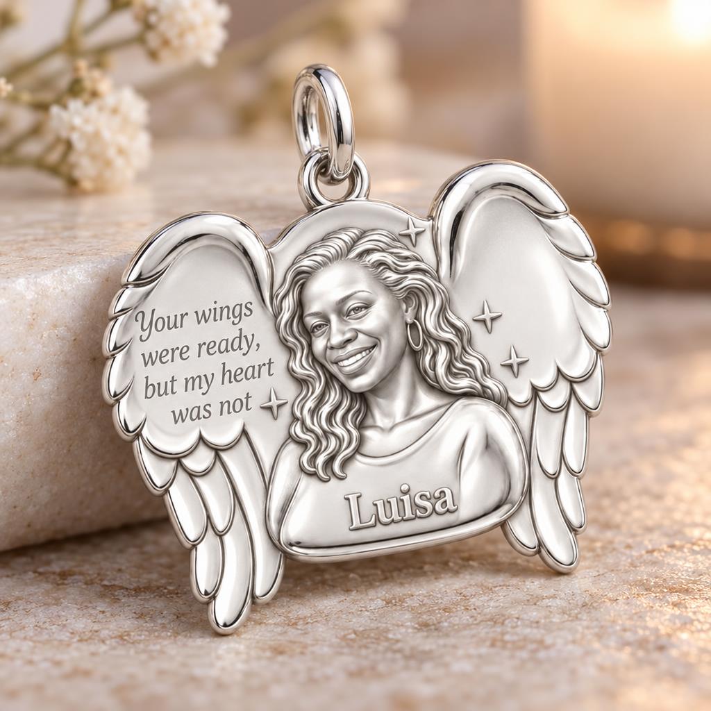 Eternal Angel Wings Charm Bracelet – Personalized Memorial Gift – macro detail of the charm