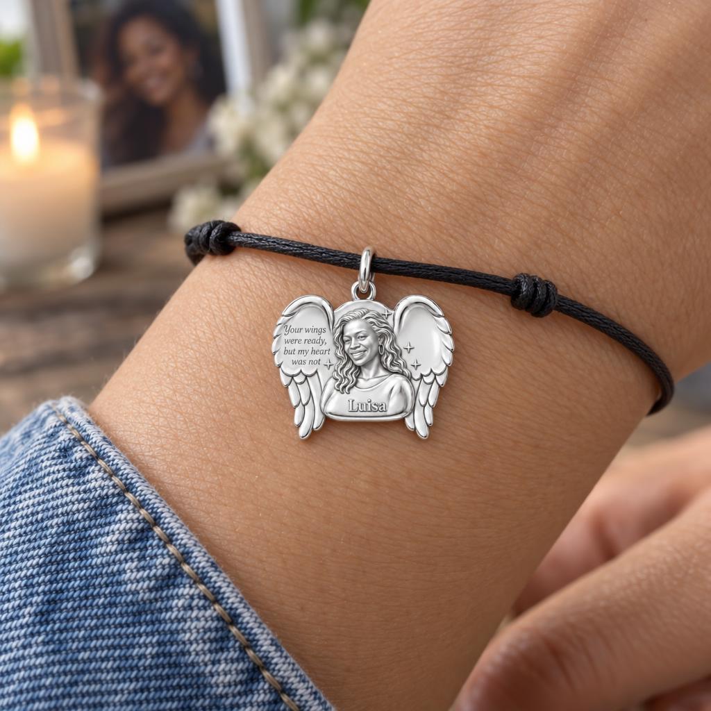 Eternal Angel Wings Charm Bracelet – Personalized Memorial Gift – worn on the wrist on a black cord bracelet