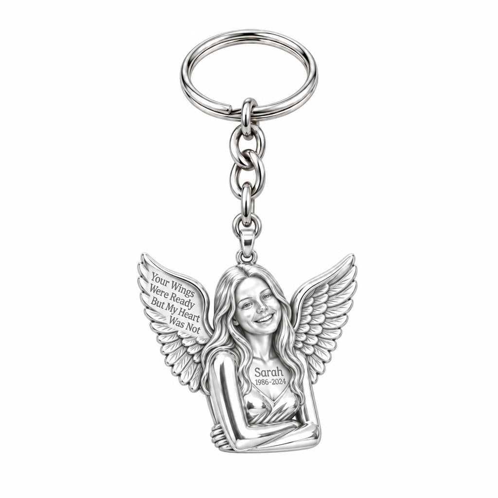 Eternal Angel Wings Charm Keychain – silver, front view