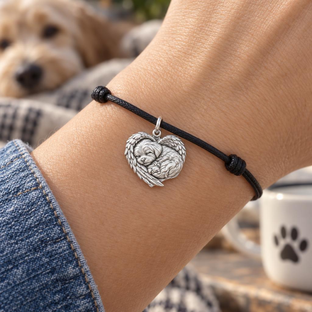 Eternal Angel Wings Heart Charm Bracelet – Personalized Dog Mom Gift – worn on the wrist on a black cord bracelet