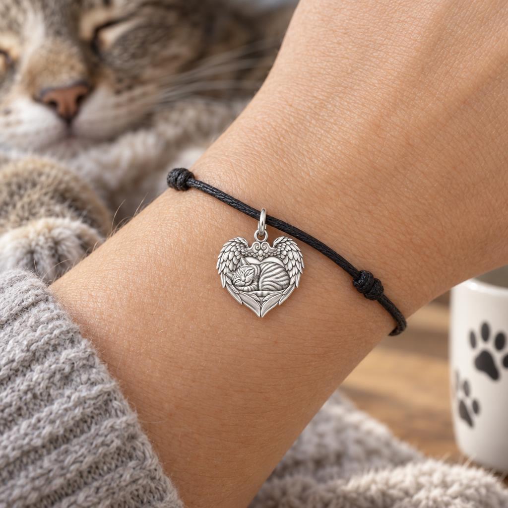 Eternal Angel Wings Heart Charm Bracelet – Personalized Pet Mom Gift – worn on the wrist on a black cord bracelet