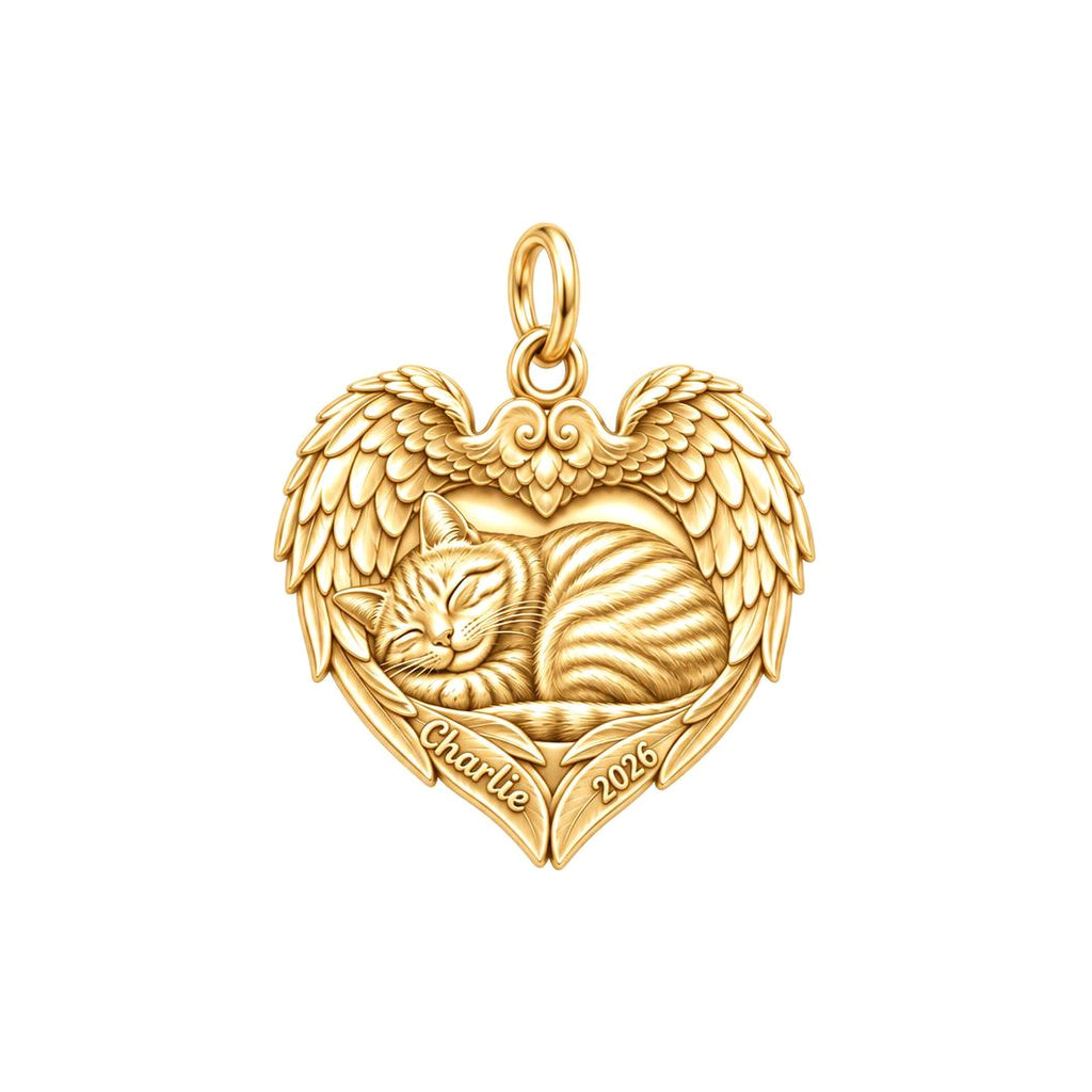 Eternal Angel Wings Heart Charm Bracelet – Personalized Pet Mom Gift – 18K gold charm, front view
