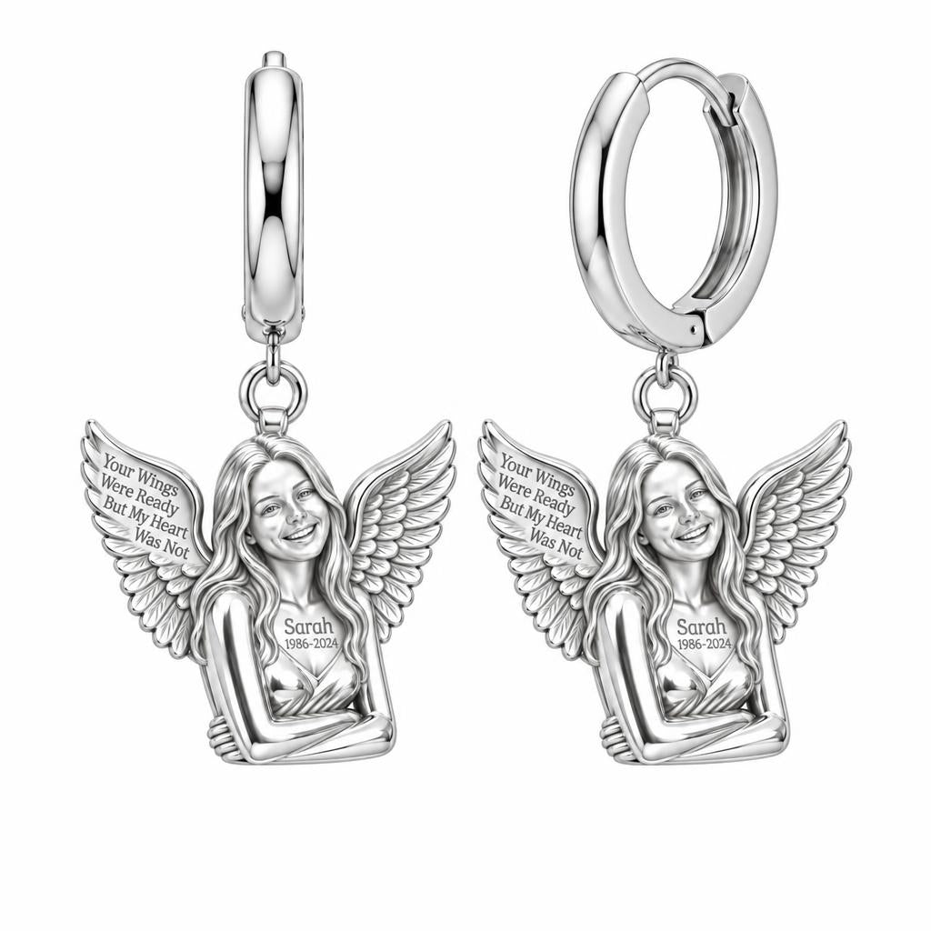 Eternal Angel Wings Huggie Charm Earrings – silver, front view