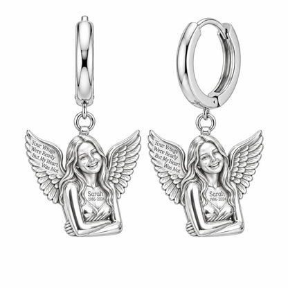 Eternal Angel Wings Huggie Charm Earrings – silver, front view