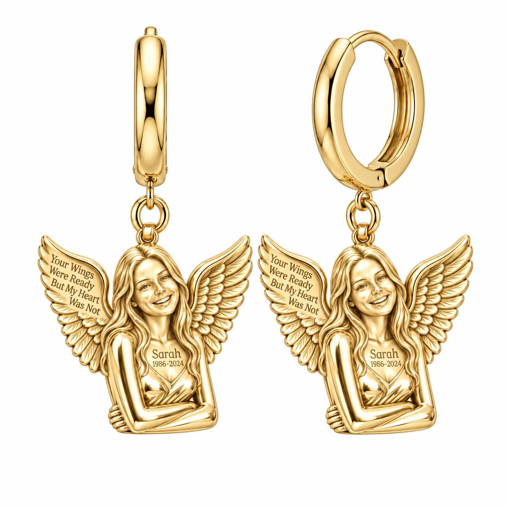 Eternal Angel Wings Huggie Charm Earrings – 18K gold, front view