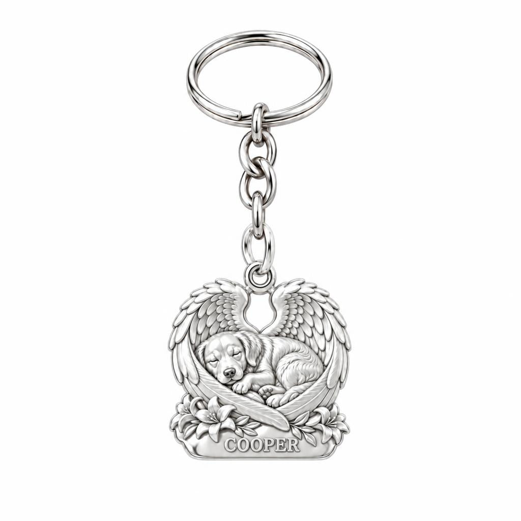 Eternal Angel Wings Pup Charm Keychain – silver, front view