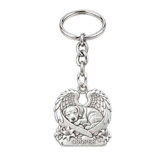 Eternal Angel Wings Pup Charm Keychain – silver, front view