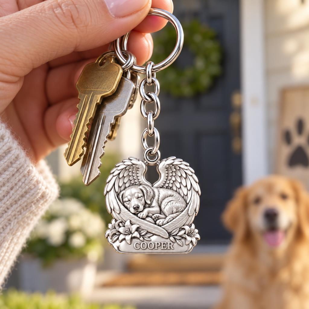 Eternal Angel Wings Pup Charm Keychain – worn / in use