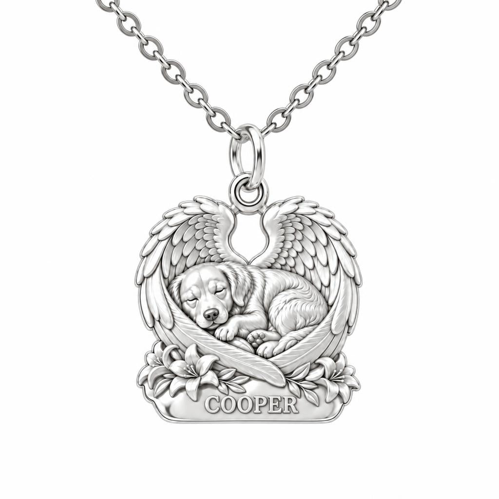 Eternal Angel Wings Pup Charm Necklace Set – silver, front view
