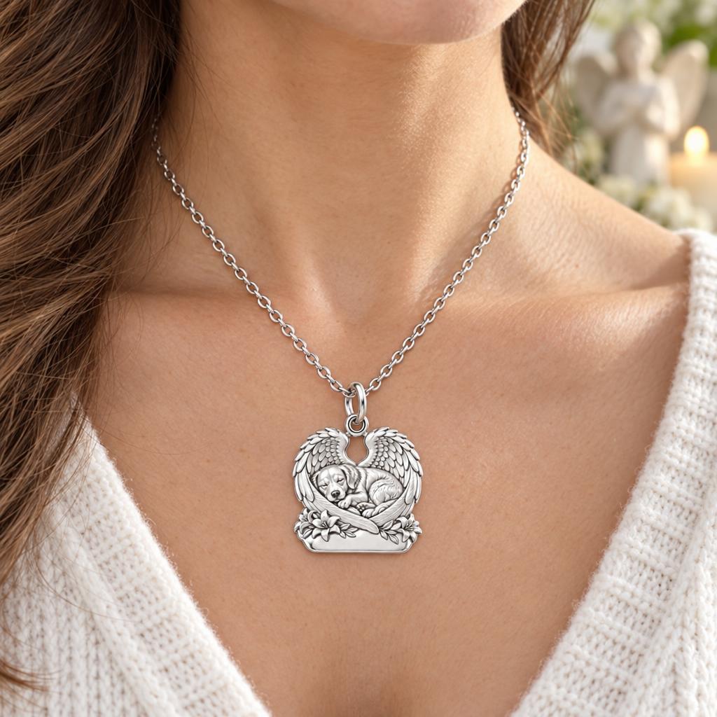 Eternal Angel Wings Pup Charm Necklace Set – worn / in use